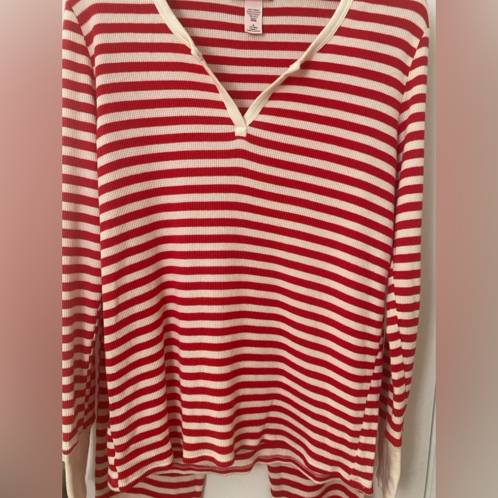 Victoria Secret Long Thermal Pajama Set Red & White Candy Cane Striped - Picture 5 of 9
